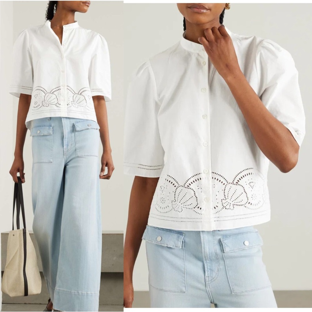 FRAME Broderie anglaise embroidered Short Sleeve cotton-poplin shirt NWT$328 XS